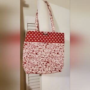 Red and White Print Cloth Tote Handbag